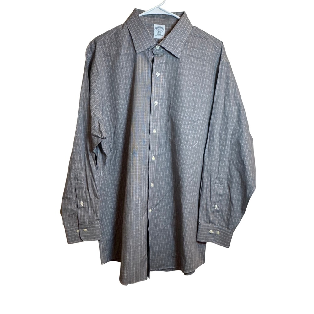 Brooks Brothers Men's 17 32/33 Slim Fit Non-Iron Cotton Plaid Dress Shirt Grey